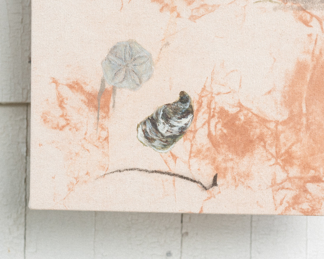 Close-up of an abstract painting featuring an oyster and sanddollar on a sandy background, created using natural pigments from PEI red dirt. The artwork highlights the textures and subtle earthy hues typical of Prince Edward Island's landscape.