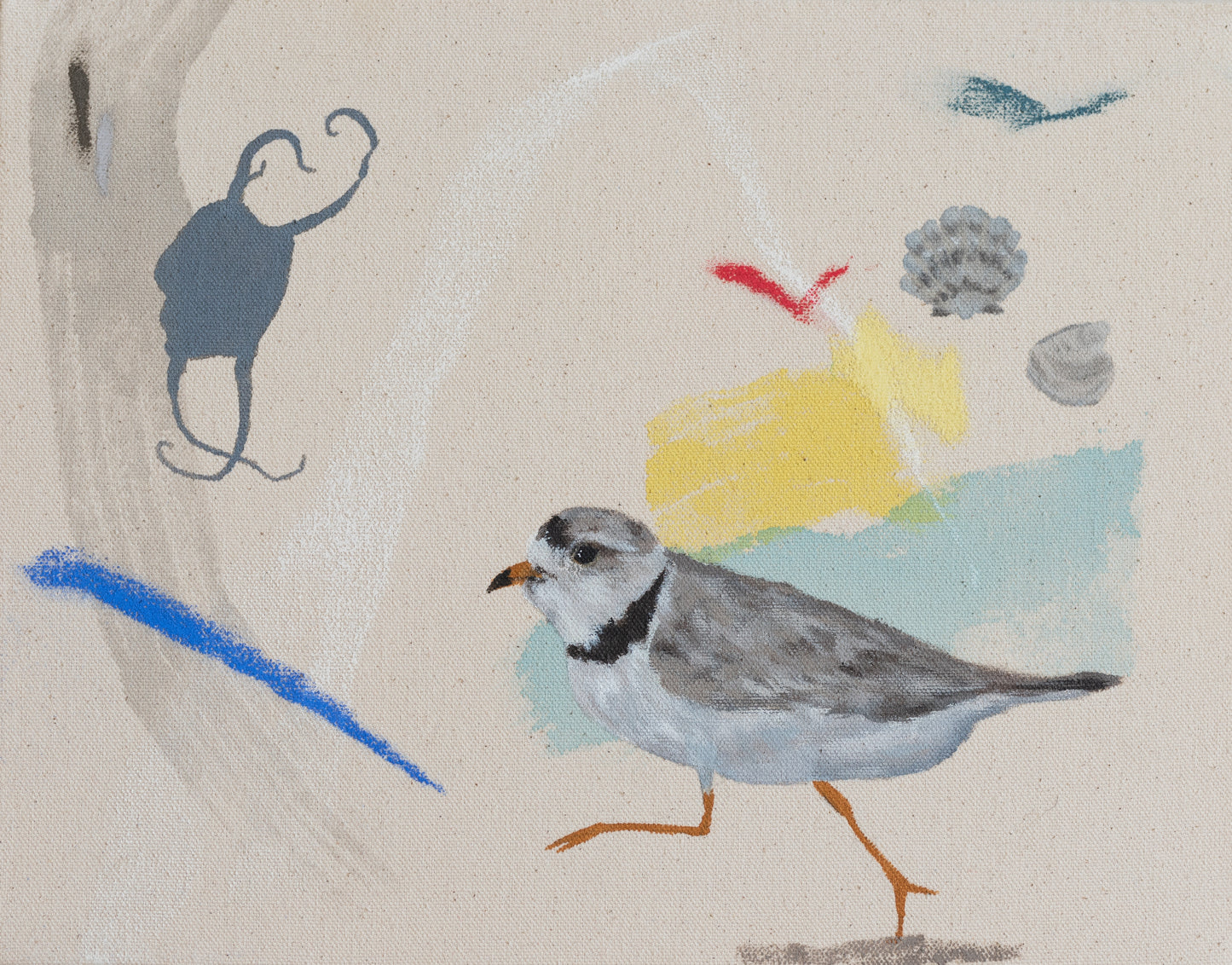Acrylic painting of a piping plover running across a soft coastal background of blues and sandy tones by Stevie Sisson.