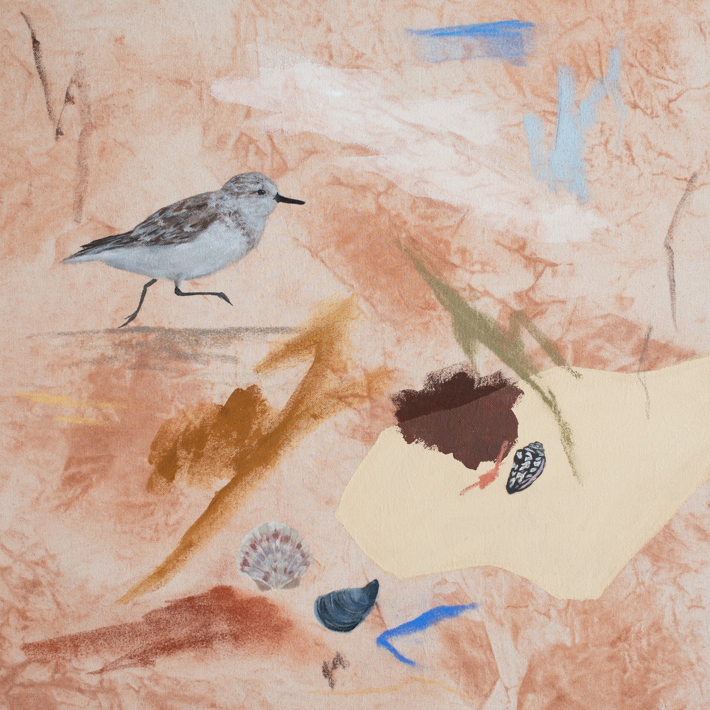 Acrylic painting created with natural pigments from PEI red dirt with a sandpiper and various seashells from Stevie Sisson.