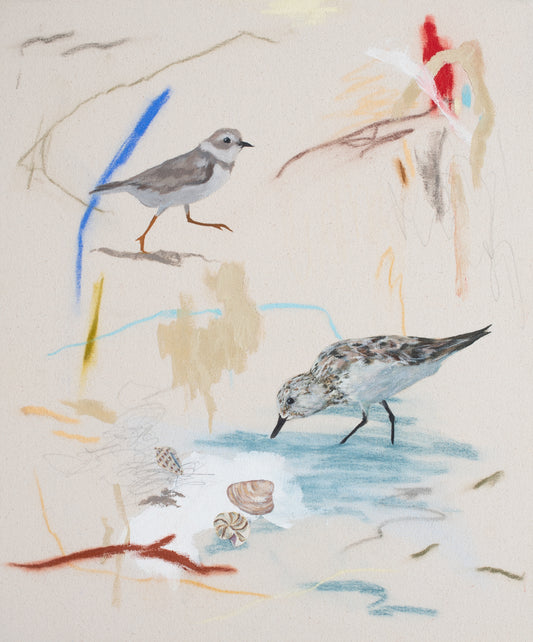 Abstract acrylic painting of a piping plover running and a sandpiper beak deep on a soft coastal background of blues and sandy tones by Stevie Sisson.