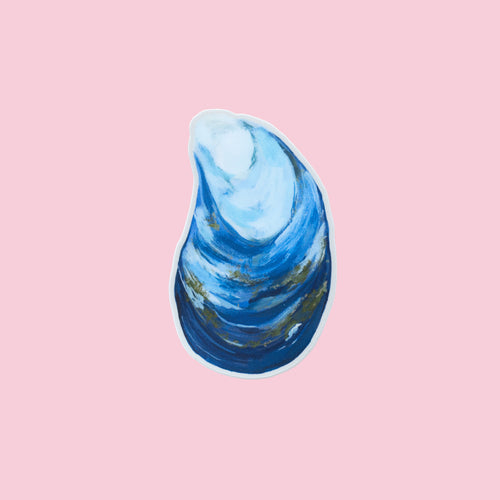 A die-cut sticker depicting a blue and white painted mussel shell, centered on a solid pink background.