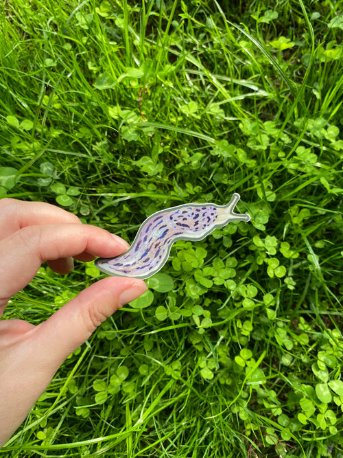 Hand holding a leopard slug sticker against a grassy background