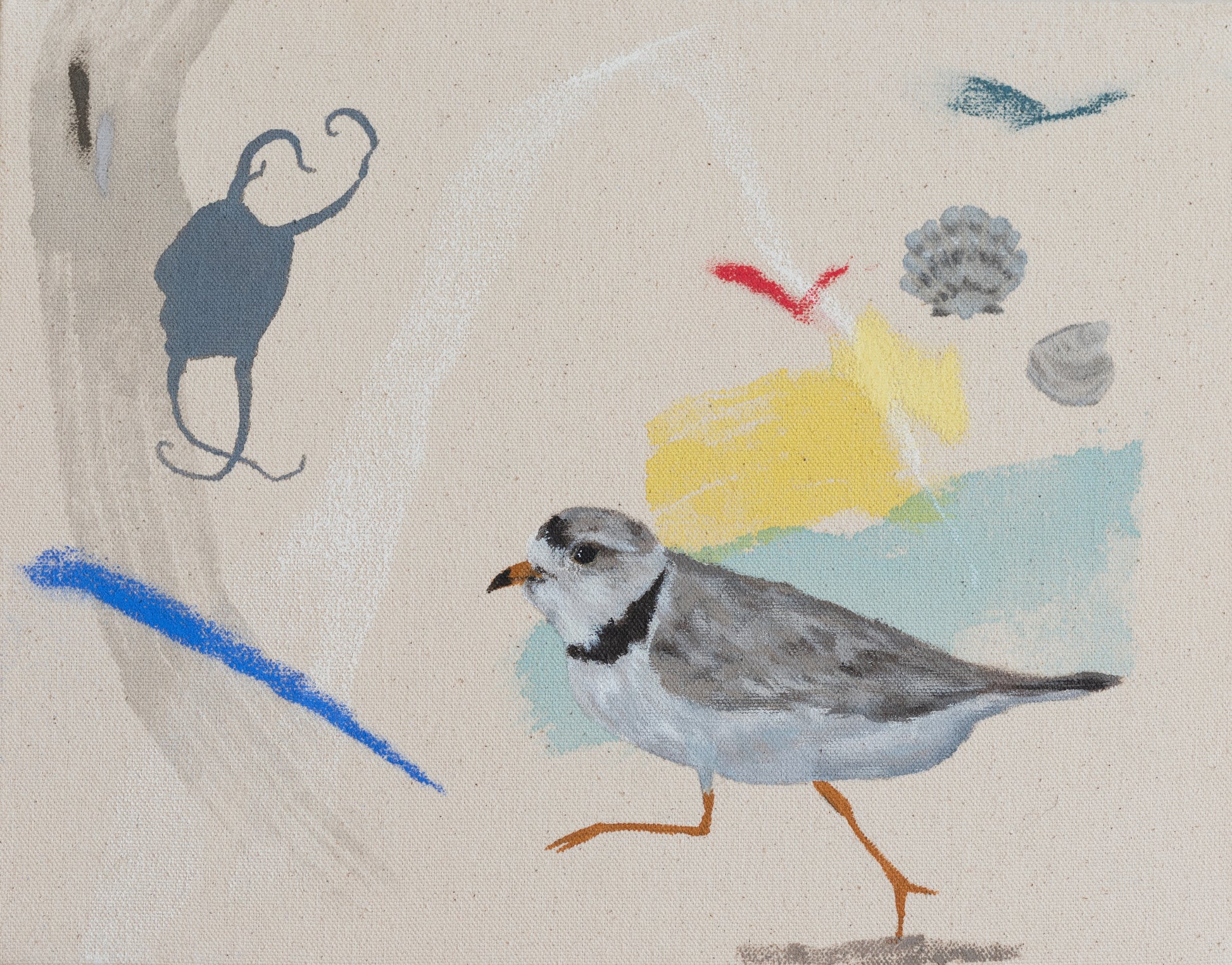 Acrylic painting of a piping plover running across a soft coastal background of blues and sandy tones by Stevie Sisson. 