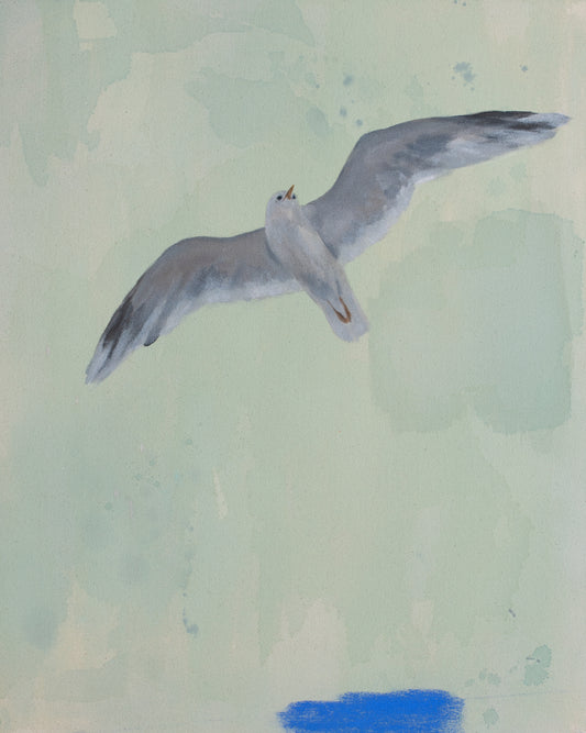 Acrylic abstract painting of a seagull flying over soft pastel shades of blue and green by Stevie Sisson. The gull’s wings are mid-flight, surrounded by an abstract coastal sky.