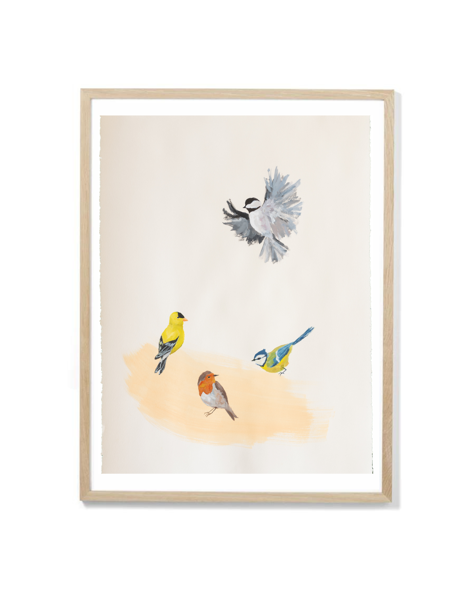 framed painting of 4 birds on white background