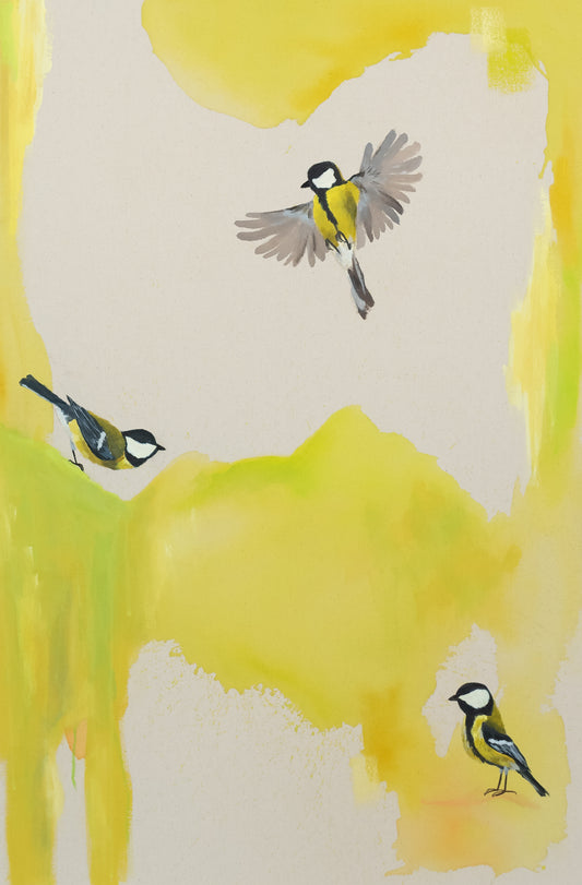 yellow and green abstract painting on raw canvas with three yellow chickadees