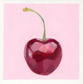 Acrylic gouache painting of a single dark red cherry with a green stem on a light pink background, centered within a white border.