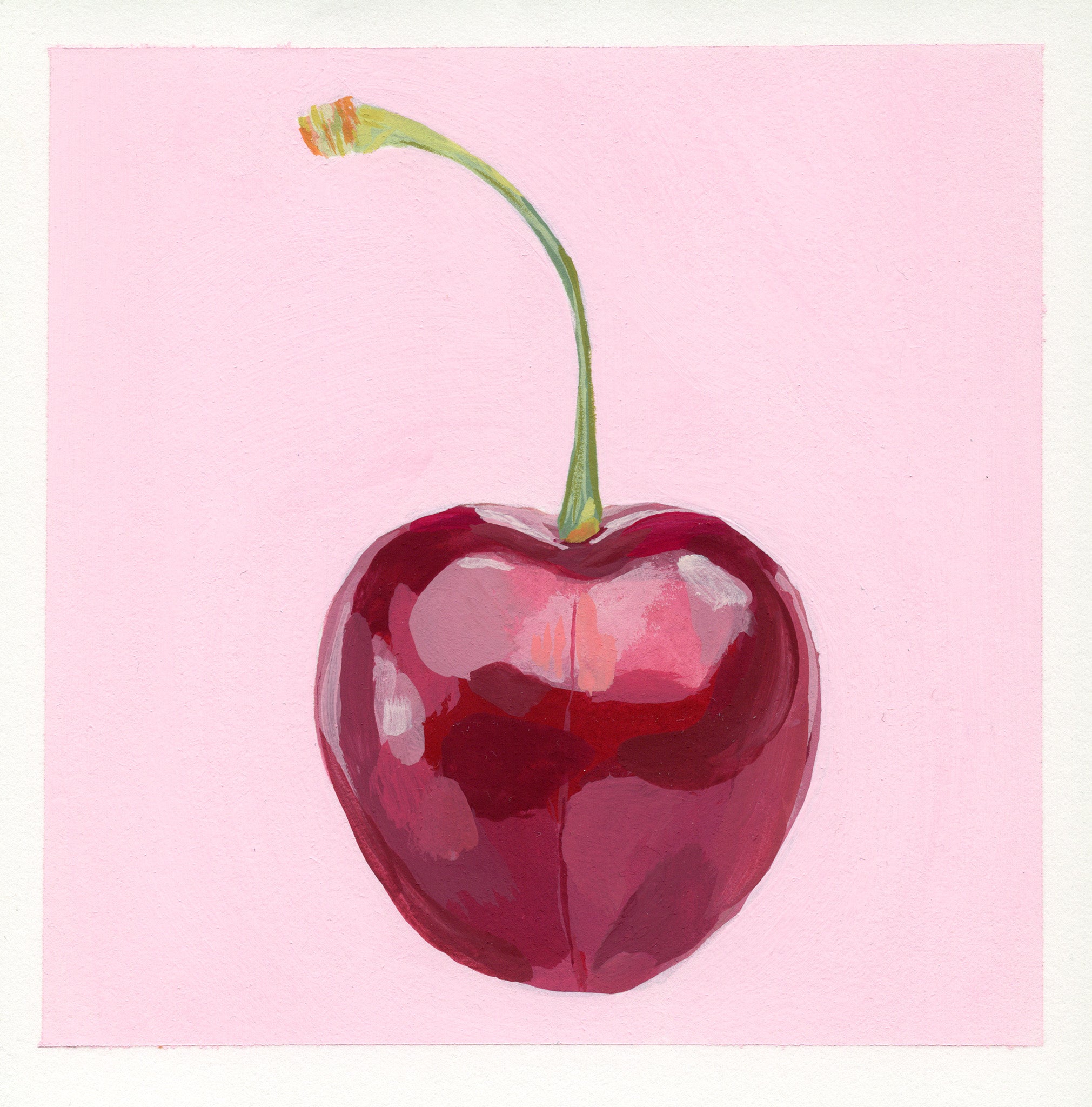 Acrylic gouache painting of a single dark red cherry with a green stem on a light pink background, centered within a white border.